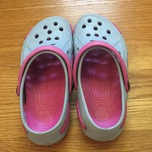 Crocs baby blue and pink